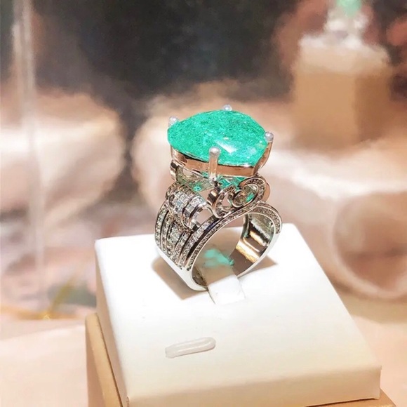 Ladies elegant large paraiba tourmaline emerald heart stone 925 ring 10 NIB - Picture 2 of 15